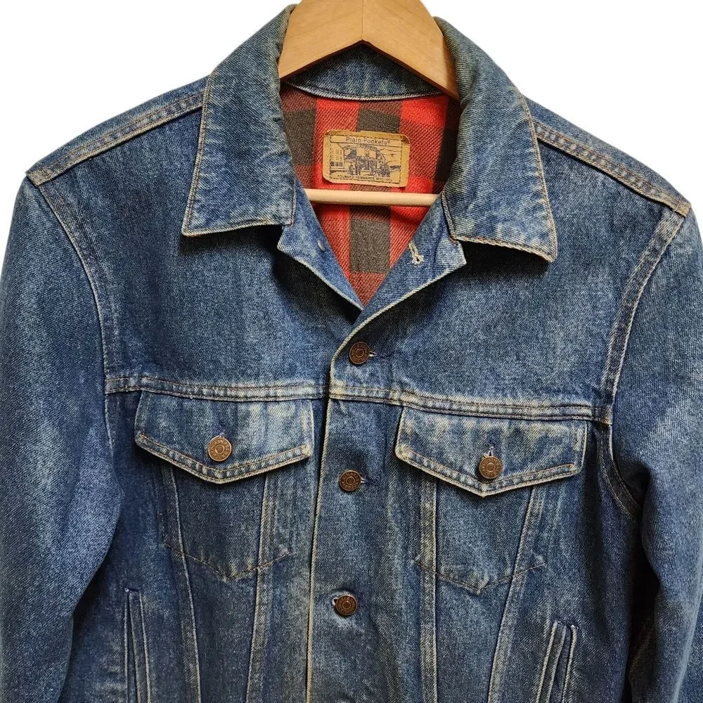 Plain Pocket Blue Denim Jean Jacket Men 40 Buffalo Plaid Lining Trucker Western